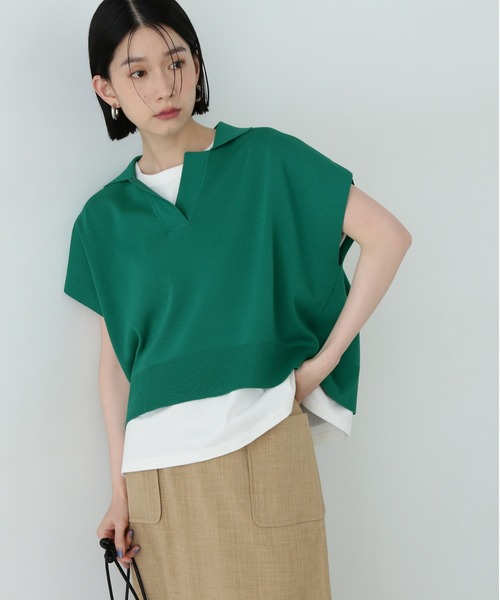 N.(N. Natural Beauty Basic)(エヌエヌナチュラルビューティーベーシック)の「リラックスポロニット(ニット/セーター・レディース・ネイビー/オフホワイト/グリーン・MEDIUM)」の15枚目の写真