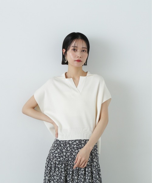 N.(N. Natural Beauty Basic)(エヌエヌナチュラルビューティーベーシック)の「リラックスポロニット(ニット/セーター・レディース・ネイビー/オフホワイト/グリーン・MEDIUM)」の4枚目の写真