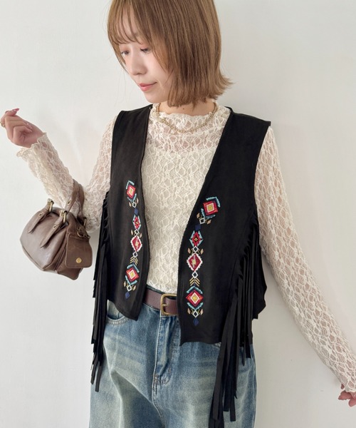 セール】ボヘミアン調刺繍フリンジベスト（ベスト）｜SOLLON