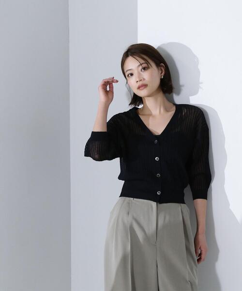 NATURAL BEAUTY BASIC(ナチュラルビューティーベーシック)の「◇Vネックシアーリブカーディガン(カーディガン/ボレロ・レディース・ダークブルー/オフホワイト/ブラック・FREE)」の3枚目の写真