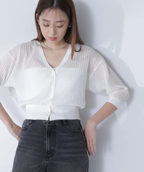 美品♡ BLENHEIM リブデザインVネックシアーニットカーディガン FEW ITEMS / ＜リブデザインVネックシアーニットカーディガン