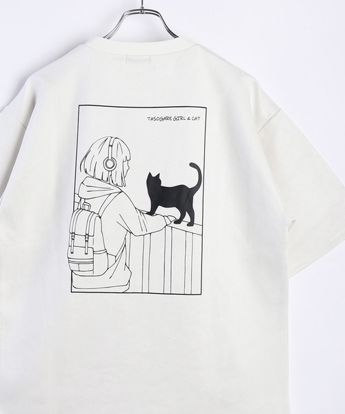 WESTSEA(ウエストシー)の「TASOGARE GIRL & CAT フェイクスエード オーバーサイズ 半袖カットソー(Tシャツ/カットソー・メンズ・オフホワイト/グレー/チャコールグレー/グレー系その他/チャコール/ホワイト系その他・M/L)」の1枚目の写真