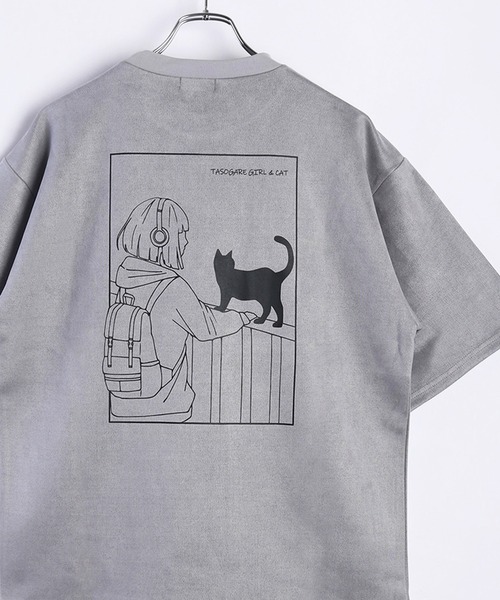 WESTSEA(ウエストシー)の「TASOGARE GIRL & CAT フェイクスエード オーバーサイズ 半袖カットソー(Tシャツ/カットソー・メンズ・オフホワイト/グレー/チャコールグレー/グレー系その他/チャコール/ホワイト系その他・M/L)」の5枚目の写真