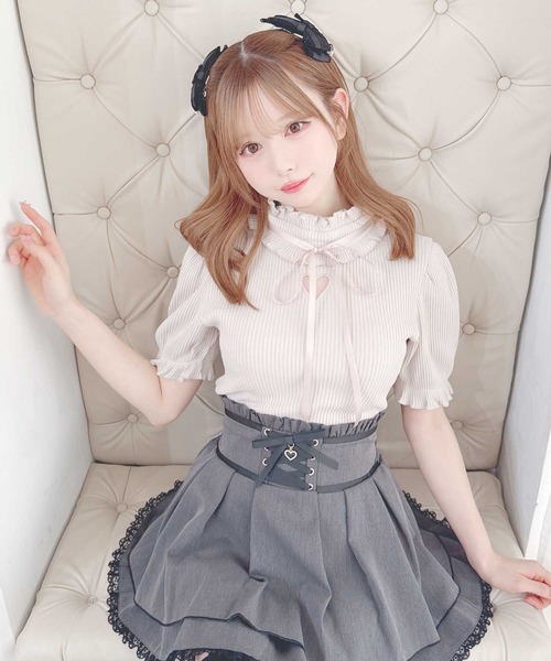 セール】ワントーンハートくり抜きテレコトップス（Tシャツ/カットソー