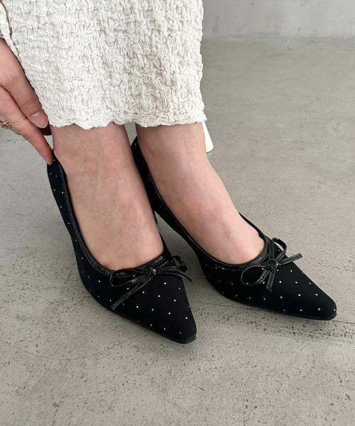 セール】ドットローヒールリボンパンプス（パンプス）｜MYMOOD