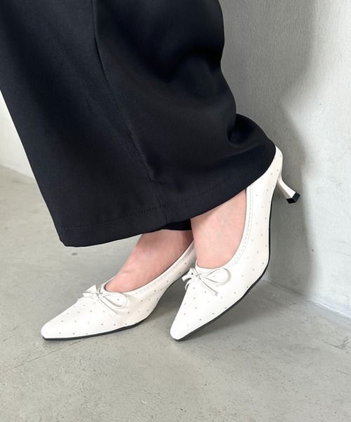 ドットリボン♡パンプス 800円 セール】ドットローヒールリボンパンプス（パンプス）｜MYMOOD