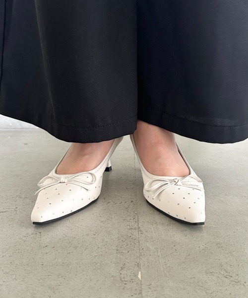 セール】ドットローヒールリボンパンプス（パンプス）｜MYMOOD