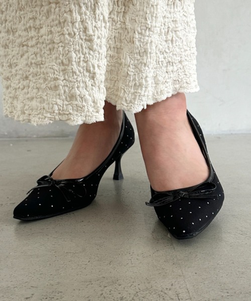 セール】ドットローヒールリボンパンプス（パンプス）｜MYMOOD