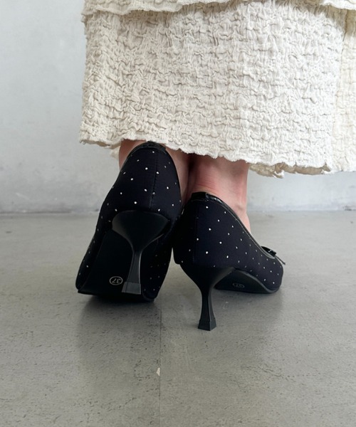 ドットリボン♡パンプス 800円 リボンベルト フラット パンプス （ブラック ドット柄） -Emma Francis