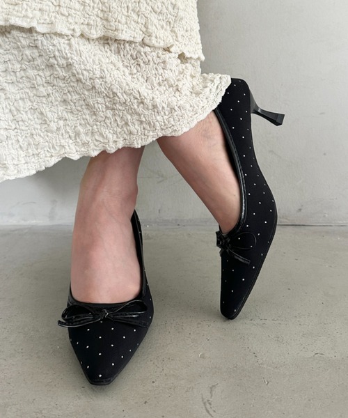 ドットリボン♡パンプス 800円 セール】ドットローヒールリボンパンプス（パンプス）｜MYMOOD