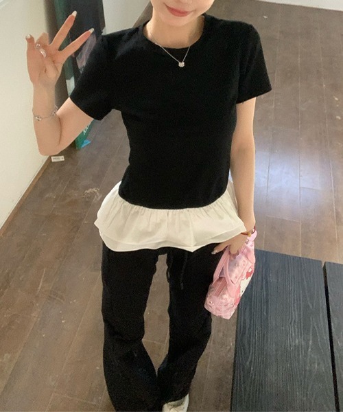 c.u.l(シーユーエル)の「ペプラム フリルレイヤードTシャツ culw823(Tシャツ/カットソー・レディース・ホワイト/ブラック・L/M)」の11枚目の写真