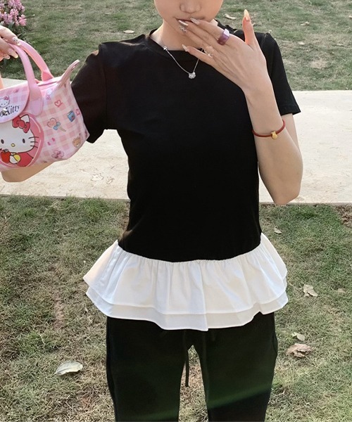 c.u.l(シーユーエル)の「ペプラム フリルレイヤードTシャツ culw823(Tシャツ/カットソー・レディース・ホワイト/ブラック・L/M)」の18枚目の写真