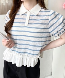 moment+（モーメントプラス）の「レースボーダー裾フリル半袖ポロシャツ（Tシャツ/カットソー）」