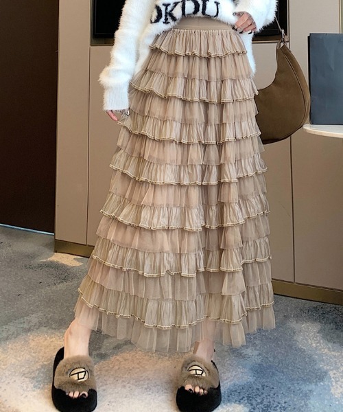 ReRe（リリ）の「チュールフリルロングスカート（スカート・レディース・ブラック/ピンク/キャメル/テラコッタ/ベージュ/パープル・FREE）」の5枚目の写真