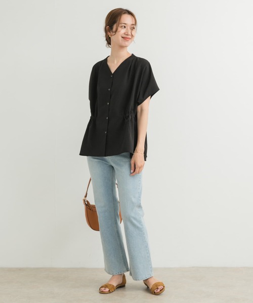 セール】『再入荷』Vネックウエストギャザーブラウス（シャツ/ブラウス