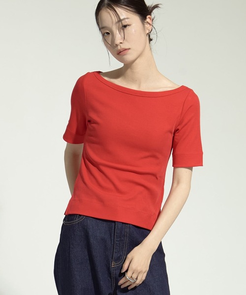 tシャツ 「STUDIOUS/ステュディオス」Luxury Smooth Boat Neck Tee/ラグジュアリースムースボートネックTシャツ レデ STUDIOUS/ステュディオス】Luxury Smooth Boat Neck Tee