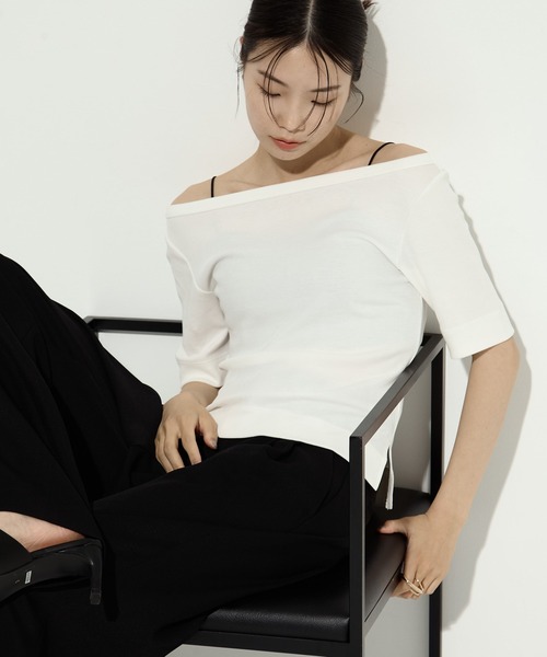 tシャツ 「STUDIOUS/ステュディオス」Luxury Smooth Boat Neck Tee/ラグジュアリースムースボートネックTシャツ レデ STUDIOUS tシャツ 「STUDIOUS/ステュディオス」Luxury Smooth