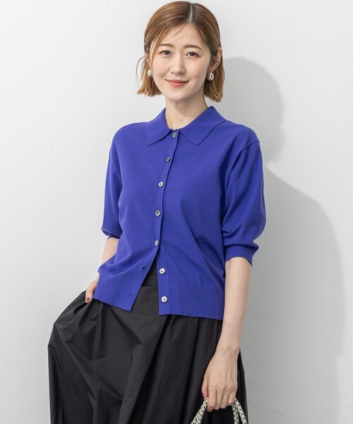 洗える/吊り干しOK】ヴィスコースストレッチ ポロニット カーディガン