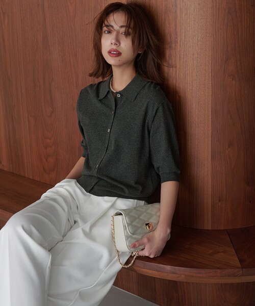 洗える/吊り干しOK】ヴィスコースストレッチ ポロニット カーディガン