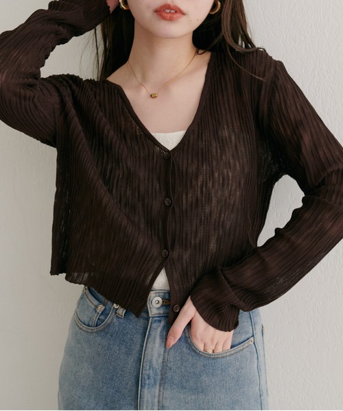 natural couture（ナチュラルクチュール）の「針抜きリブVネックシアーカーディガン（カーディガン/ボレロ・レディース・オフホワイト/ピンク/ブラウン/グレー/ボルドー/ブラック・FREE）」の5枚目の写真