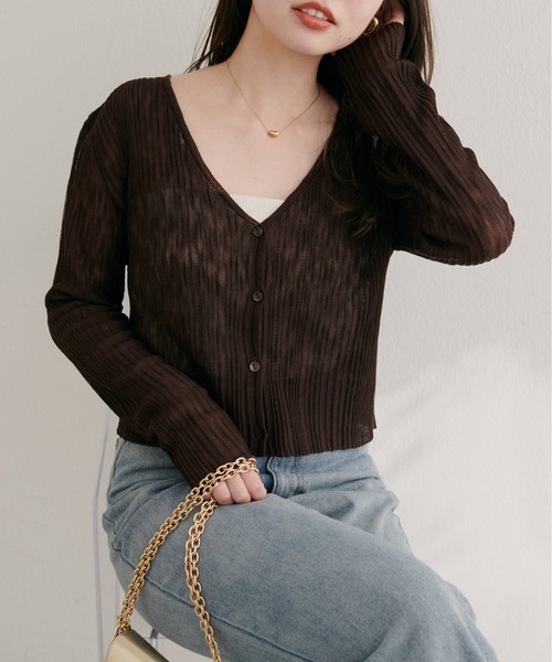 natural couture（ナチュラルクチュール）の「針抜きリブVネックシアーカーディガン（カーディガン/ボレロ・レディース・オフホワイト/ピンク/ブラウン/グレー/ボルドー/ブラック・FREE）」の20枚目の写真