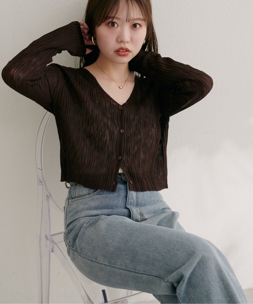 natural couture（ナチュラルクチュール）の「針抜きリブVネックシアーカーディガン（カーディガン/ボレロ・レディース・オフホワイト/ピンク/ブラウン/グレー/ボルドー/ブラック・FREE）」の22枚目の写真