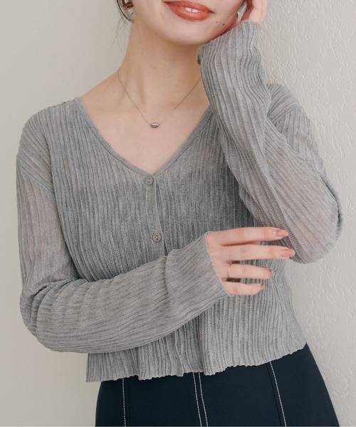 natural couture（ナチュラルクチュール）の「針抜きリブVネックシアーカーディガン（カーディガン/ボレロ・レディース・オフホワイト/ピンク/ブラウン/グレー/ボルドー/ブラック・FREE）」の7枚目の写真