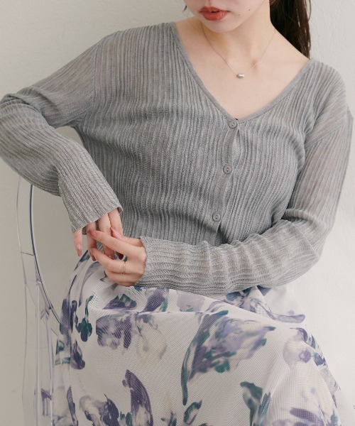 natural couture（ナチュラルクチュール）の「針抜きリブVネックシアーカーディガン（カーディガン/ボレロ・レディース・オフホワイト/ピンク/ブラウン/グレー/ボルドー/ブラック・FREE）」の12枚目の写真