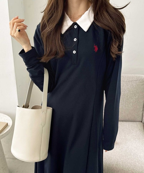 U.S. POLO ASSN.(ユーエスポロアッスン)の「GeeRA別注【U.S. POLO ASSN.】新色追加!細見え♪ポロ衿ロングワンピース(長袖)(ワンピース・レディース・ネイビー/グレー/ブラック/ブラック×ホワイト/グレー×ホワイト/ネイビー×ホワイト・MEDIUM/LARGE/X-LARGE/SMALL)」の6枚目の写真
