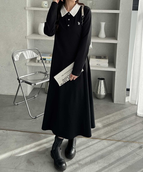 U.S. POLO ASSN.(ユーエスポロアッスン)の「GeeRA別注【U.S. POLO ASSN.】細見え♪ポロ衿ロングワンピース(長袖)(ワンピース・レディース・ネイビー/グレー/ブラック/ブラック×ホワイト・MEDIUM/LARGE/X-LARGE)」の11枚目の写真