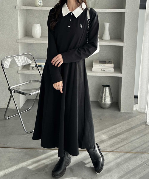 U.S. POLO ASSN.(ユーエスポロアッスン)の「GeeRA別注【U.S. POLO ASSN.】細見え♪ポロ衿ロングワンピース(長袖)(ワンピース・レディース・ネイビー/グレー/ブラック/ブラック×ホワイト・MEDIUM/LARGE/X-LARGE)」の12枚目の写真