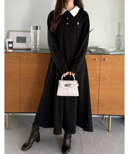 U.S. POLO ASSN.(ユーエスポロアッスン)の「GeeRA別注【U.S. POLO ASSN.】細見え♪ポロ衿ロングワンピース(長袖)(ワンピース・レディース・ネイビー/グレー/ブラック/ブラック×ホワイト・MEDIUM/LARGE/X-LARGE)」の15枚目の写真