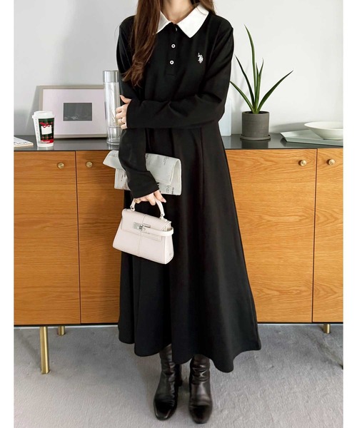 U.S. POLO ASSN.(ユーエスポロアッスン)の「GeeRA別注【U.S. POLO ASSN.】細見え♪ポロ衿ロングワンピース(長袖)(ワンピース・レディース・ネイビー/グレー/ブラック/ブラック×ホワイト・MEDIUM/LARGE/X-LARGE)」の14枚目の写真