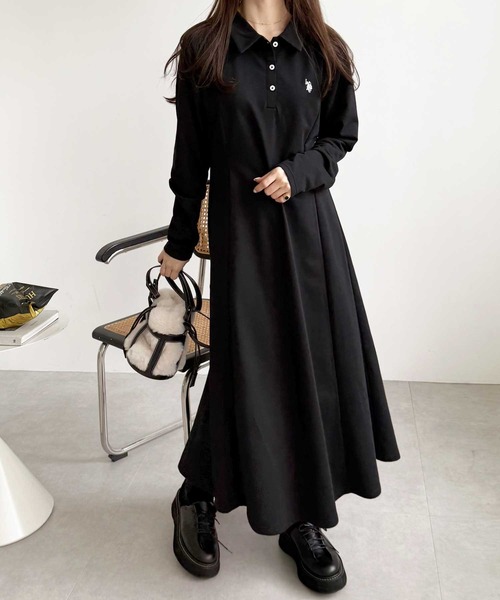 本日限定❣️美品❣️POLO 花柄 黒 長袖 ワンピース セール】GeeRA別注【U.S. POLO ASSN.】細見え♪ポロ衿ロングワンピース