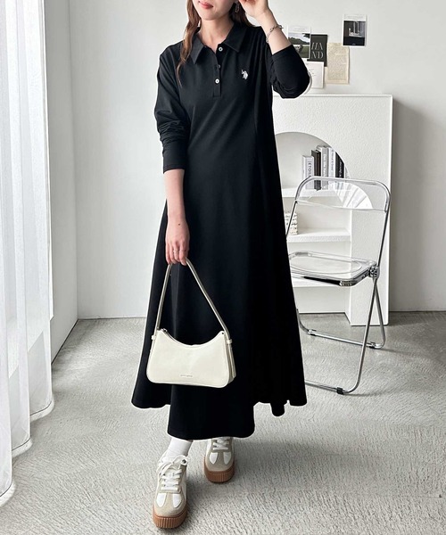 U.S. POLO ASSN.(ユーエスポロアッスン)の「GeeRA別注【U.S. POLO ASSN.】細見え♪ポロ衿ロングワンピース(長袖)(ワンピース・レディース・ネイビー/グレー/ブラック/ブラック×ホワイト・MEDIUM/LARGE/X-LARGE)」の9枚目の写真