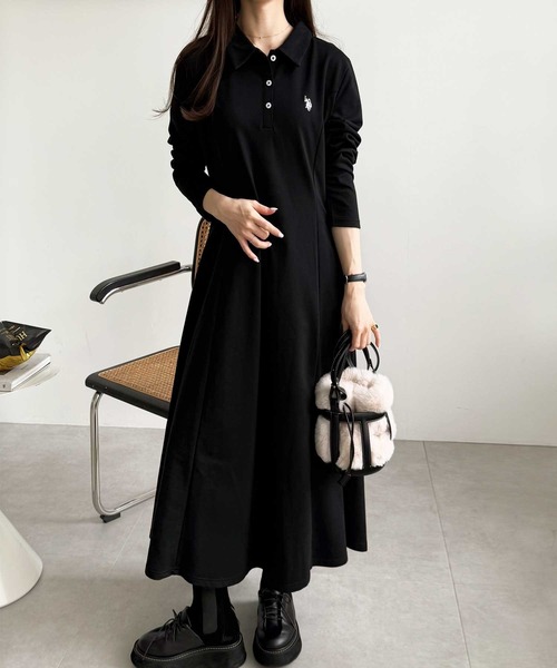 本日限定❣️美品❣️POLO 花柄 黒 長袖 ワンピース セール】GeeRA別注【U.S. POLO ASSN.】細見え♪ポロ衿ロングワンピース