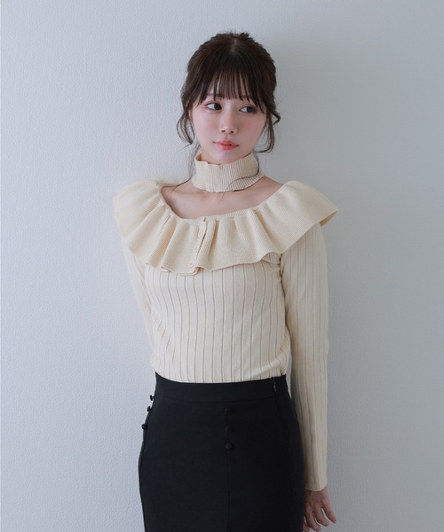 frill aurorina lib knit tops / フリルアウロリーナリブニット
