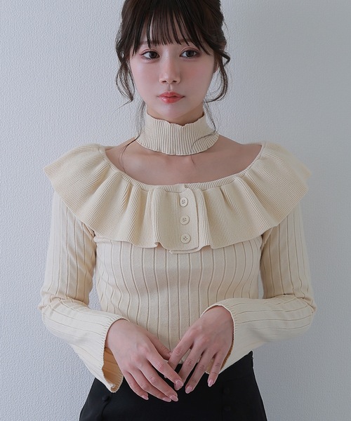 frill aurorina lib knit tops / フリルアウロリーナリブニット