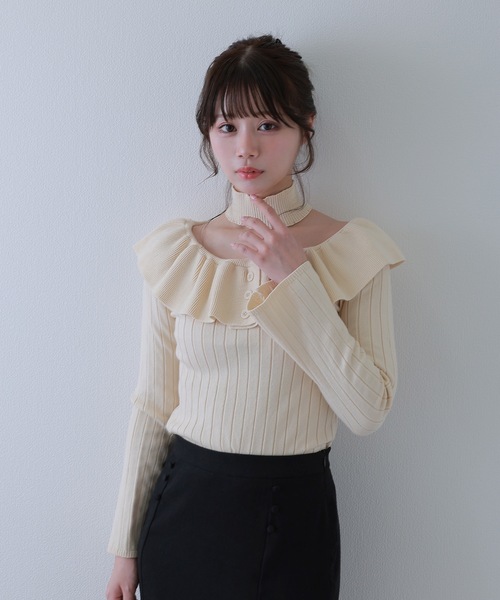 M DOLLY（エムドリー）の「frill aurorina lib knit tops / フリルアウロリーナリブニットトップス（ニット/セーター・レディース・ブラック/グレー/アイボリー・FREE）」の7枚目の写真