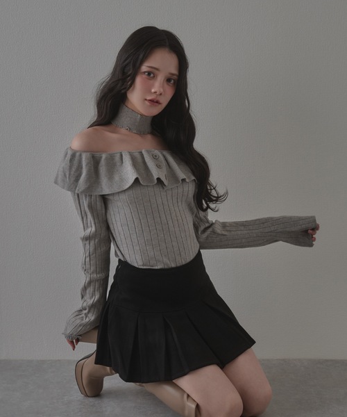 M DOLLY（エムドリー）の「frill aurorina lib knit tops / フリルアウロリーナリブニットトップス（ニット/セーター・レディース・ブラック/グレー/アイボリー・FREE）」の16枚目の写真