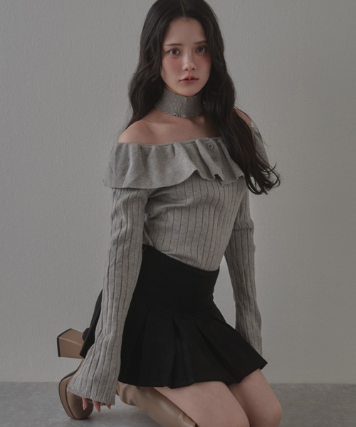 M DOLLY（エムドリー）の「frill aurorina lib knit tops / フリルアウロリーナリブニットトップス（ニット/セーター・レディース・ブラック/グレー/アイボリー・FREE）」の17枚目の写真