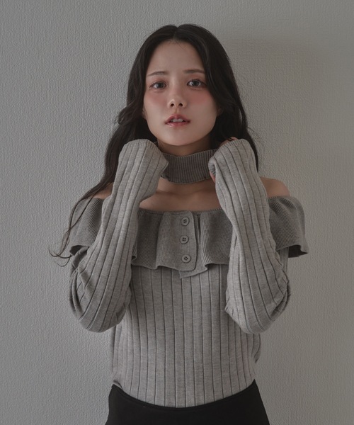 M DOLLY（エムドリー）の「frill aurorina lib knit tops / フリルアウロリーナリブニットトップス（ニット/セーター・レディース・ブラック/グレー/アイボリー・FREE）」の18枚目の写真