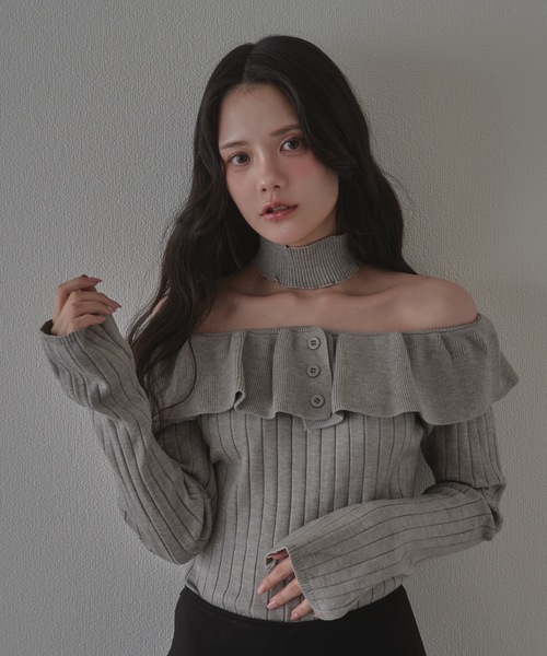 M DOLLY（エムドリー）の「frill aurorina lib knit tops / フリルアウロリーナリブニットトップス（ニット/セーター・レディース・ブラック/グレー/アイボリー・FREE）」の19枚目の写真