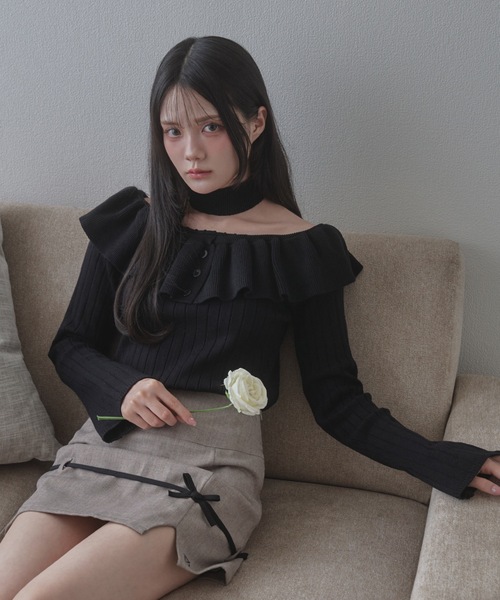 M DOLLY（エムドリー）の「frill aurorina lib knit tops / フリルアウロリーナリブニットトップス（ニット/セーター・レディース・ブラック/グレー/アイボリー・FREE）」の10枚目の写真