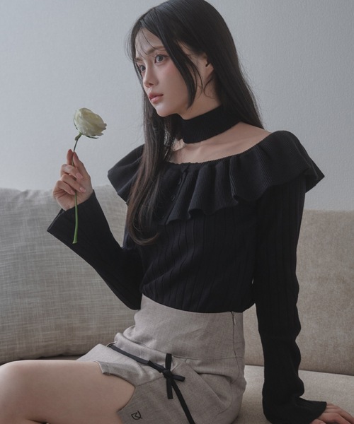 M DOLLY（エムドリー）の「frill aurorina lib knit tops / フリルアウロリーナリブニットトップス（ニット/セーター・レディース・ブラック/グレー/アイボリー・FREE）」の11枚目の写真