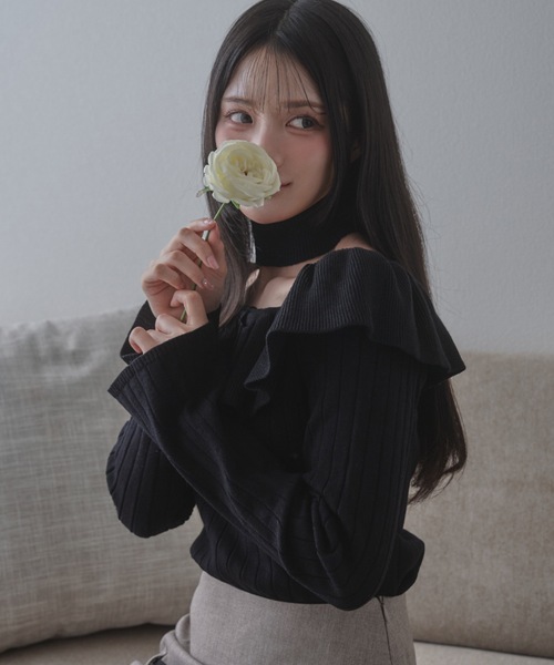 M DOLLY（エムドリー）の「frill aurorina lib knit tops / フリルアウロリーナリブニットトップス（ニット/セーター・レディース・ブラック/グレー/アイボリー・FREE）」の12枚目の写真