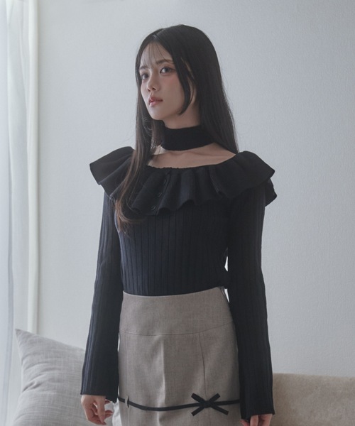 frill aurorina lib knit tops / フリルアウロリーナリブニット