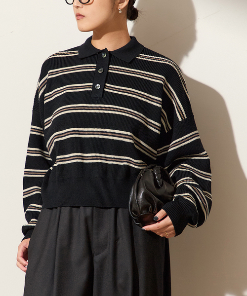 journal standard L'essage(ジャーナルスタンダードレサージュ)の「アゼボーダーポロニット(ニット/セーター・レディース・ブラック/ブラウン・FREE)」の1枚目の写真