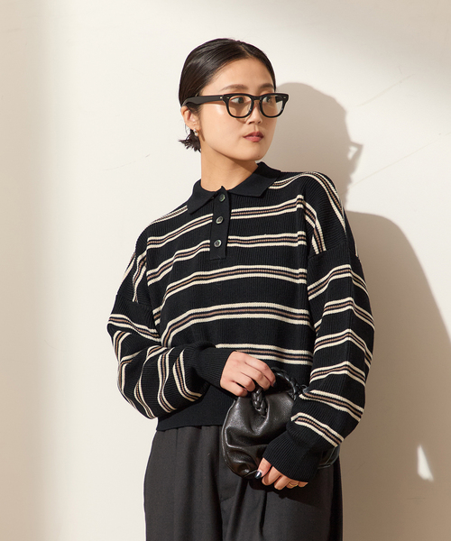 journal standard L'essage(ジャーナルスタンダードレサージュ)の「アゼボーダーポロニット(ニット/セーター・レディース・ブラック/ブラウン・FREE)」の5枚目の写真