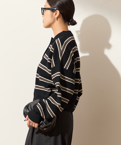 journal standard L'essage(ジャーナルスタンダードレサージュ)の「アゼボーダーポロニット(ニット/セーター・レディース・ブラック/ブラウン・FREE)」の6枚目の写真